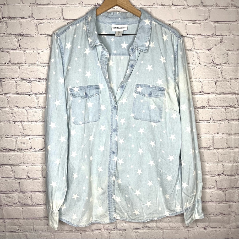 Country store star denim button up shirt
